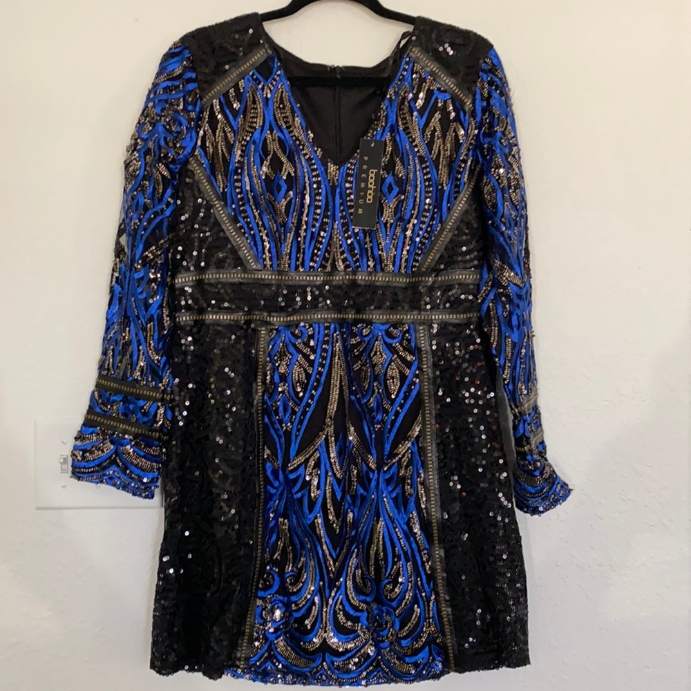 Blue and black sequined embroidered lace dress